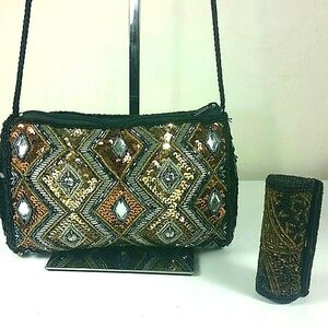 Vintage Sequin Beaded Crossbody Baguette Bag with Lipstick Case 2 Piece Evening